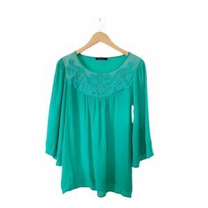 Honey Punch Green Bell Sleeve Embroidered Blouse